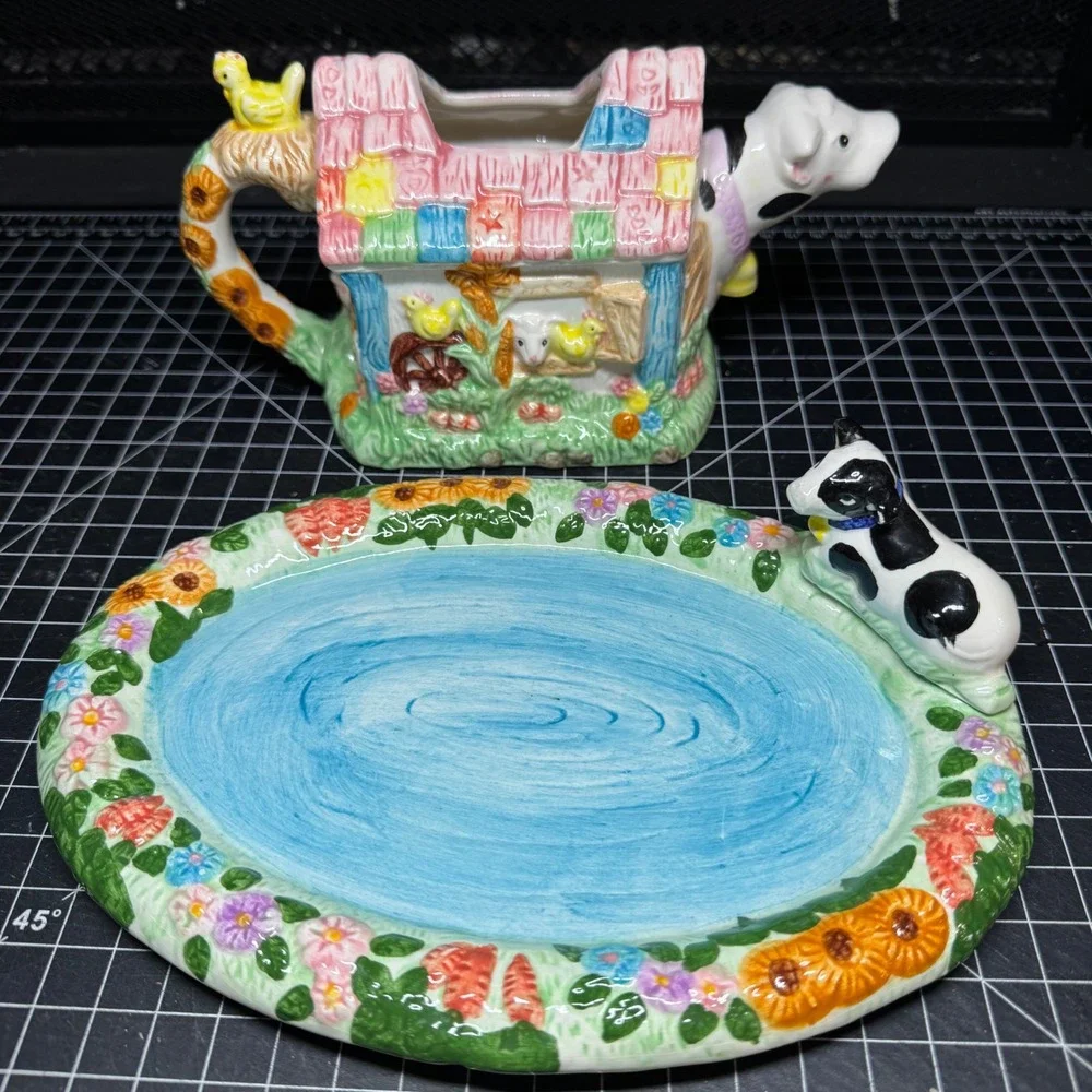 Vintage 1994 Mercuries Farm Barn Teapot Set with Tray and 4 Plates Cow Pig Sheep